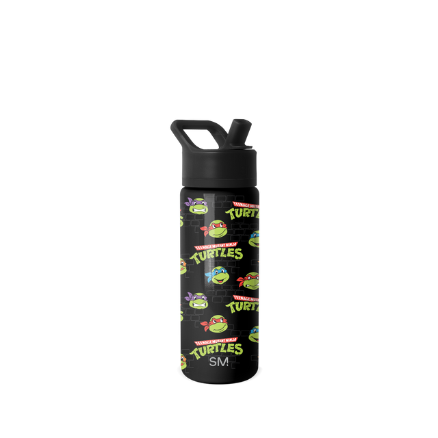 Black water bottle with neon green, red, orange, and blue accent stripes, solid black cap, and gray SM logo.