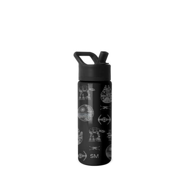 Matte black water bottle with printed graphics on white background