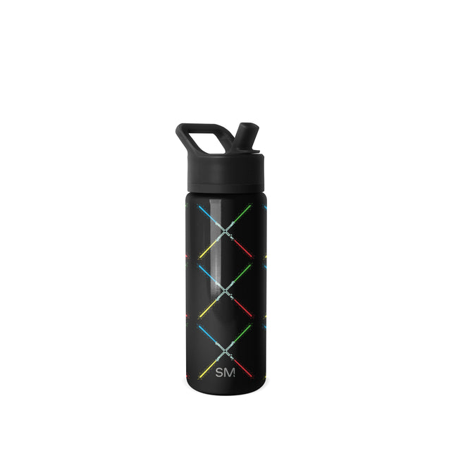 Black cylindrical water bottle with matte finish and colorful accent stripes in bright blue, lime green, red, yellow, and white