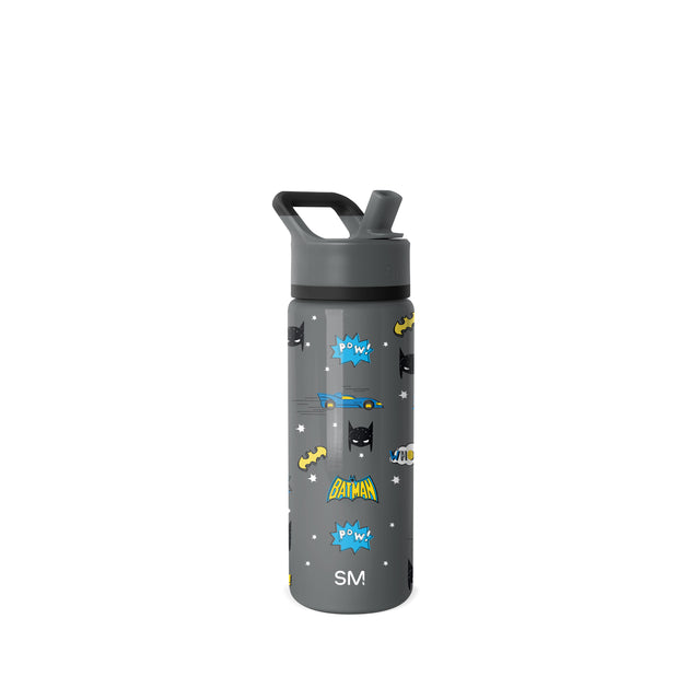 Charcoal gray water bottle with black lid, spout cover, and grip handle, featuring electric blue accents