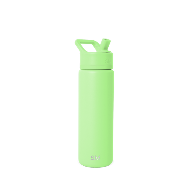 Bright lime green water bottle with matching lid on white background