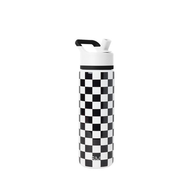 Black and white checkerboard water bottle with white cap and black accents