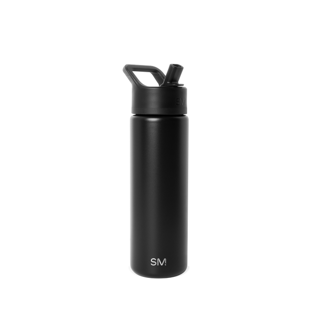 Matte black water bottle with white cap and spout against white background