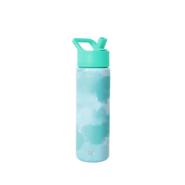 Soft turquoise water bottle with white base and bright mint green cap and handle