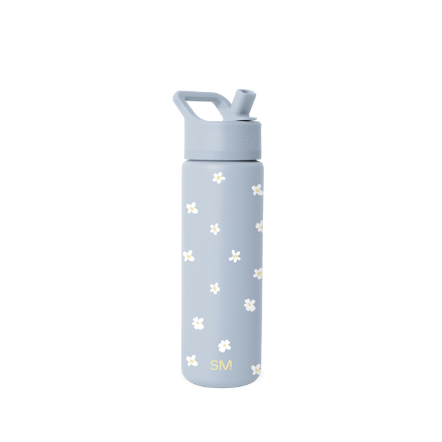 Light blue Simple Modern water bottle with rounded cap and integrated carry handle on white background