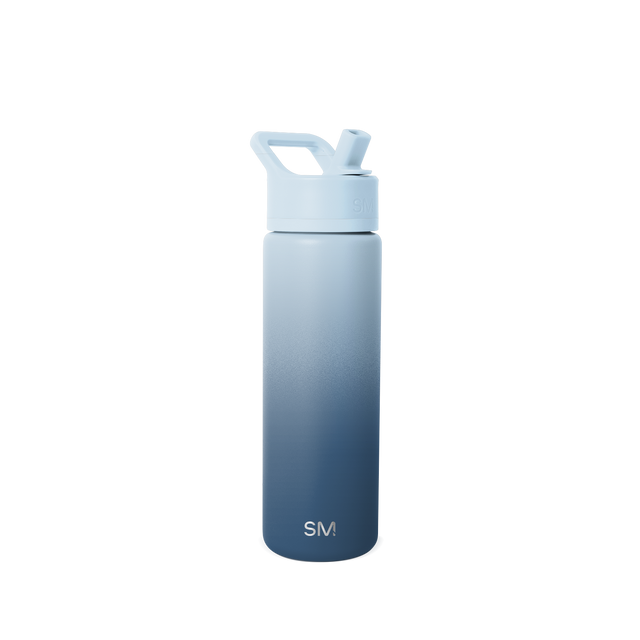 Ombre gradient water bottle transitioning from pale blue at the top to deep navy blue at the bottom, with a matching light blue cap.