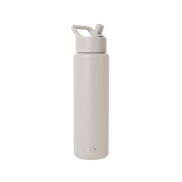 Stone gray cosmetic bottle with pump dispenser on white background, product shot for skincare or beauty item labeled SM2-S-30-ALB-M