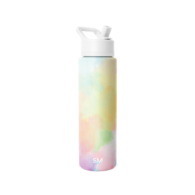 Pastel watercolor Simple Modern water bottle with cylindrical shape, white flip-top cap, and carrying loop handle against white background