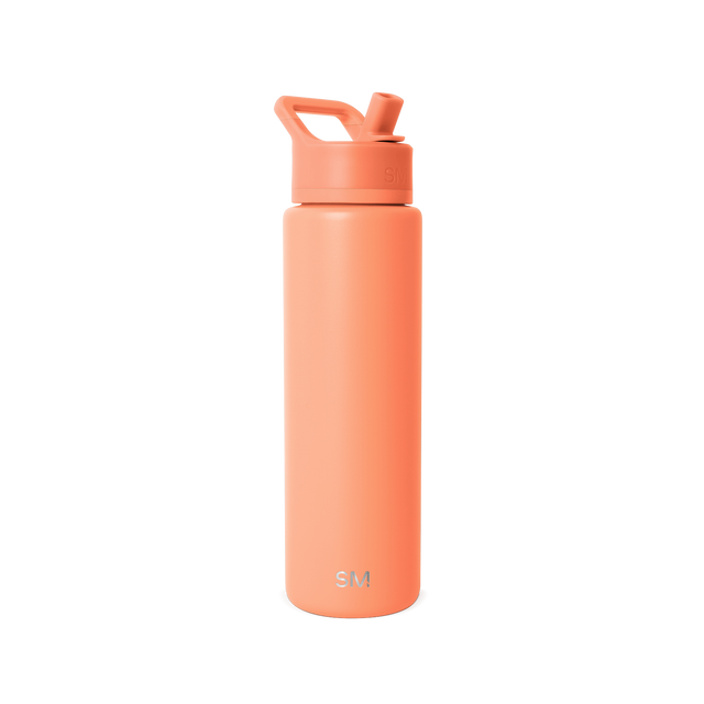 Coral-orange water bottle with rounded shape and cap, displayed against a light gray background.
