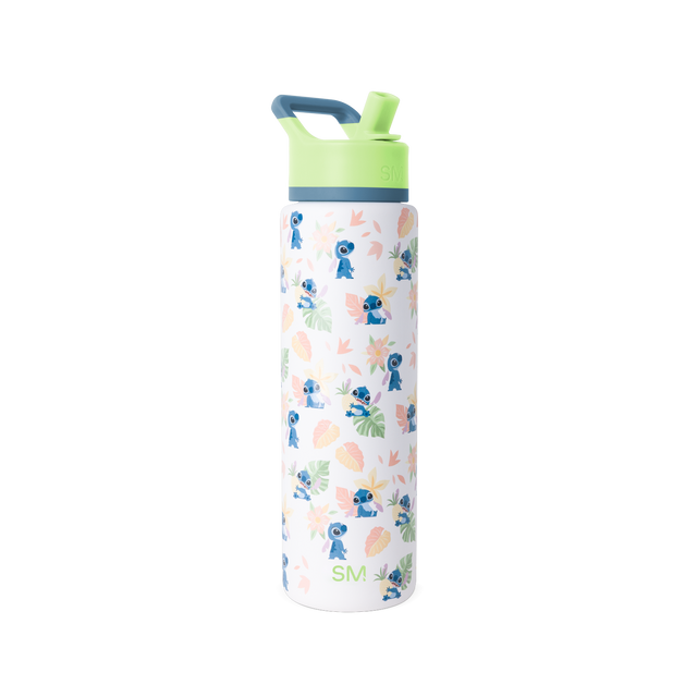 White water bottle with lime green spout and handle, steel blue-gray band around middle section