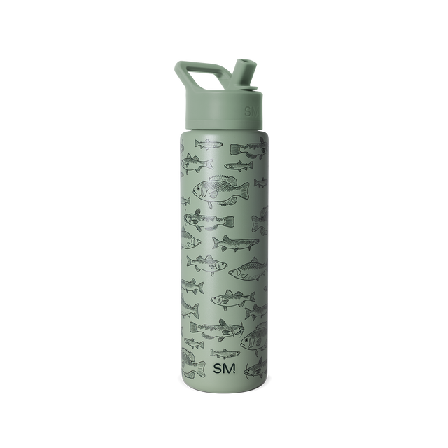 Soft sage green water bottle with charcoal fish illustrations printed across the body