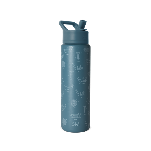Slate blue water bottle with matching cap and handle, featuring light gray line art details on the surface