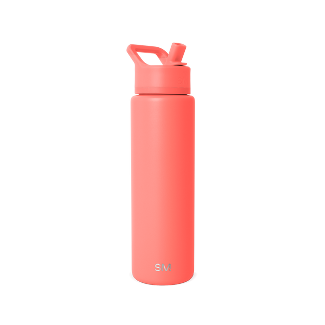 Coral pink water bottle on white background
