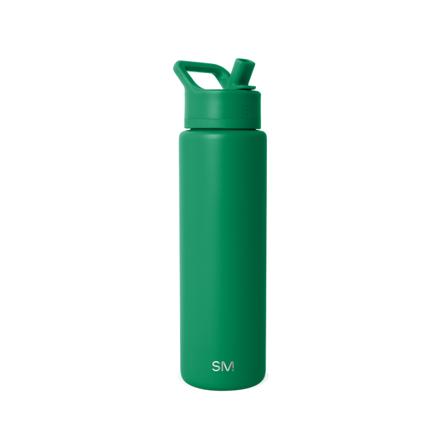 Forest green water bottle with matching cap and handle on white background
