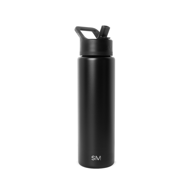 Deep matte black water bottle with matching black cap and straw, featuring white SM logo mark