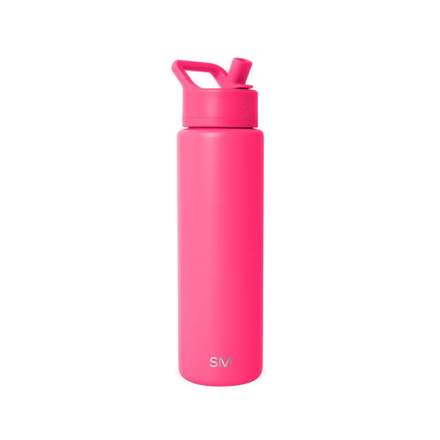 Hot pink water bottle with matching cap and spout on white background