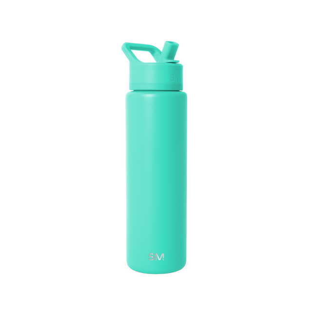 Bright turquoise water bottle on white background
