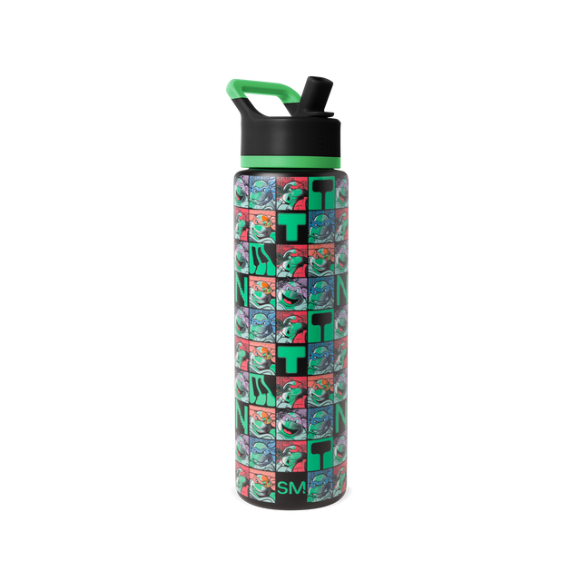 Neon green and black cylindrical water bottle with colorful character illustrations on white background