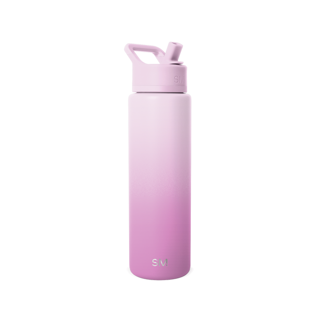 Gradient water bottle transitioning from pale lavender pink at top to deeper magenta pink at bottom, with matching cap and carry handle