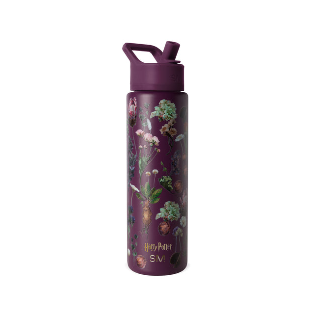 Deep burgundy water bottle with botanical illustrations in soft muted tones on purple background