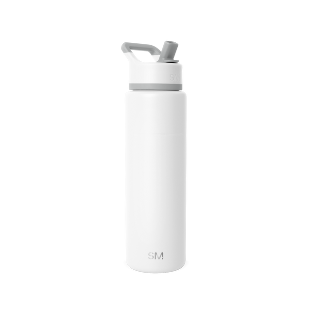 White cylindrical water bottle with tapered modern design and gray-white lid with angular handle