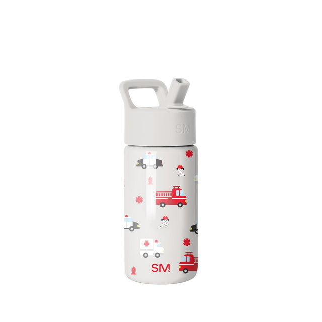 Simple Modern insulated water bottle with white base, gray-white lid and carry handle, decorated with red, pink, and gray emergency vehicle and first responder themed graphics including fire trucks, ambulances, and medical