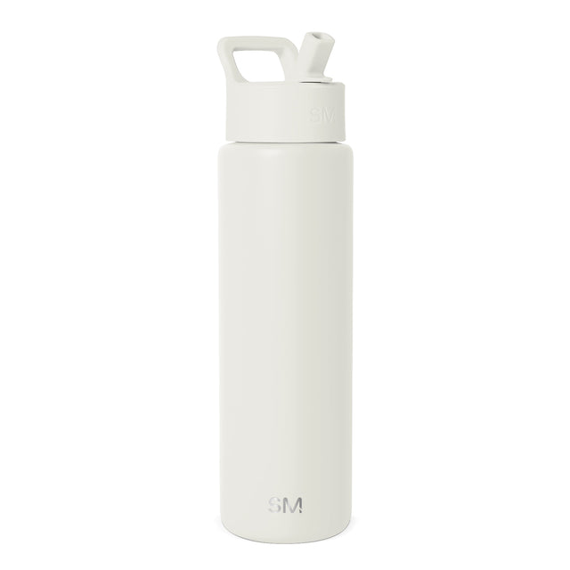 Simple Modern 30-ounce water bottle with white exterior, wide padded carry handle, and flip-top lid displayed against a white background.