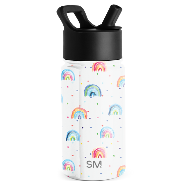 White water bottle with rainbow-colored stripes in pink, blue, orange, and yellow accents