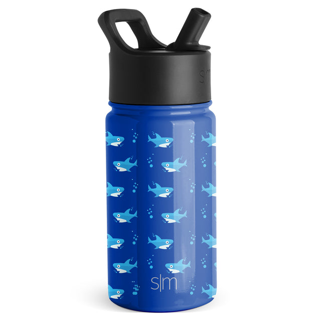 Simple Modern water bottle with royal blue body featuring cartoon sharks and bubbles pattern on white background