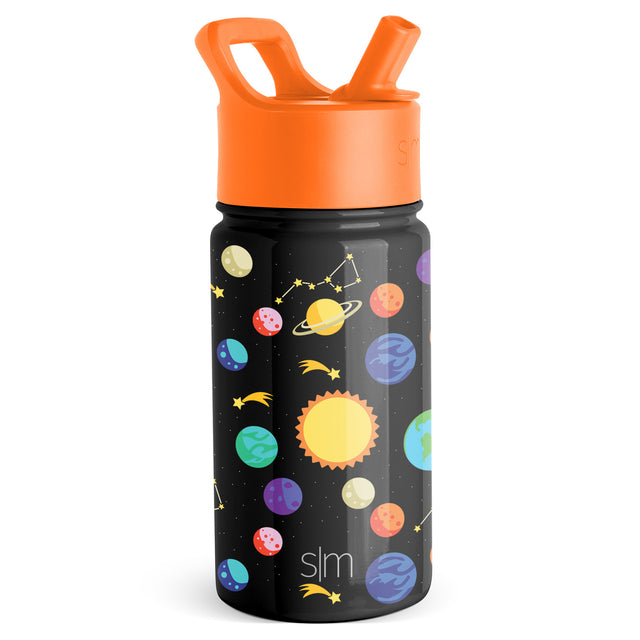 Black water bottle with bright orange cap and lid, yellow accents, featuring a two-tone color scheme design.