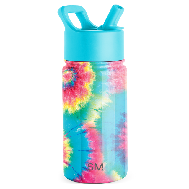 Colorful tie-dye water bottle with hot pink, yellow, turquoise, and purple watercolor-style pattern and cap