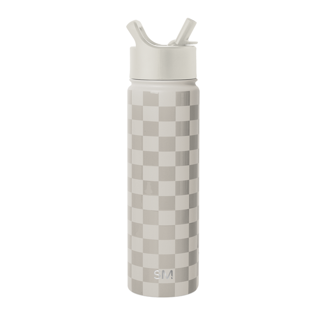 Tall cylindrical insulated tumbler with checkerboard pattern in beige and neutral tones, featuring a straw-style lid, shown against white background.