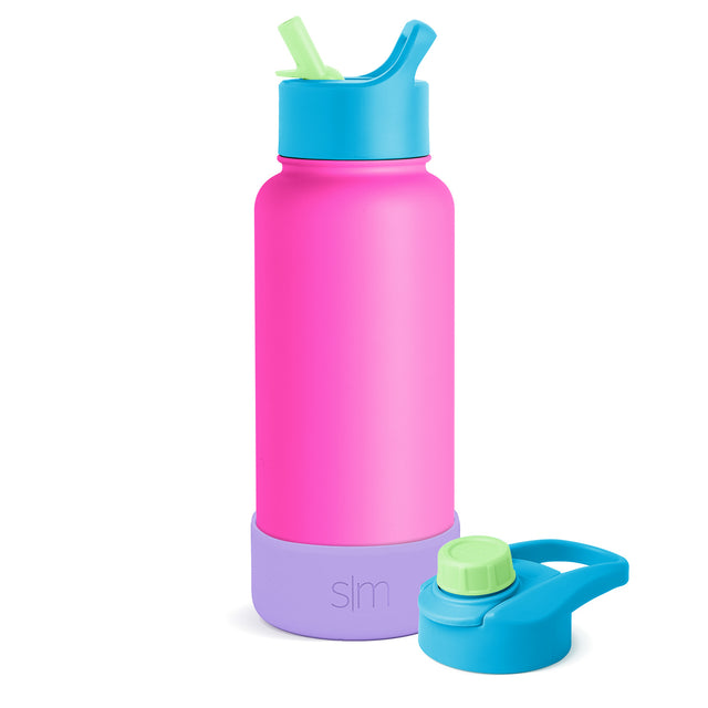 Hot pink insulated water bottle with cylindrical design displayed against white background, product photography style