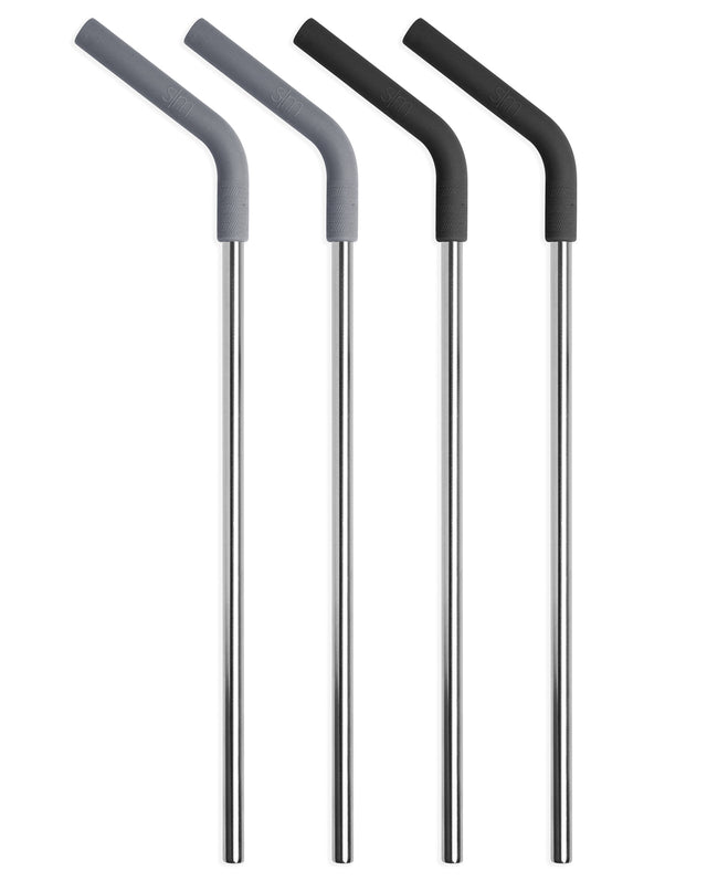 Assorted reusable straws in silver, gray, and black colors displayed on white background