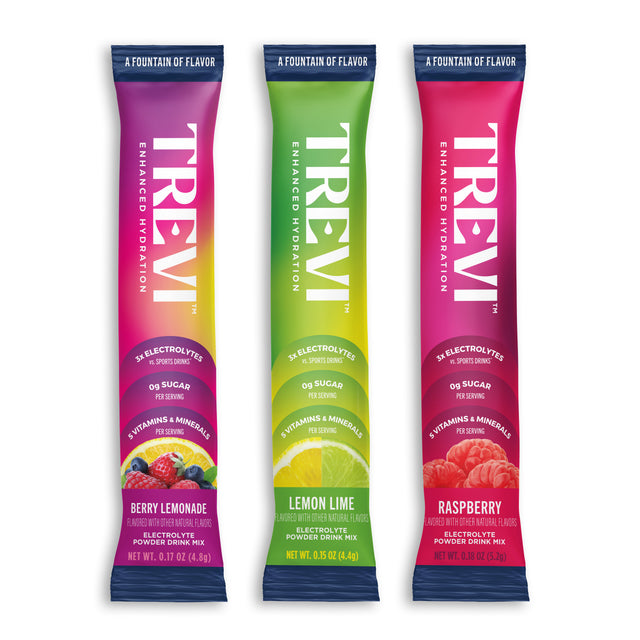 Three tall, slim sample packets with vibrant gradient color schemes arranged side by side, featuring deep magenta, purple, hot pink, and warm tones transitioning from top to bottom.
