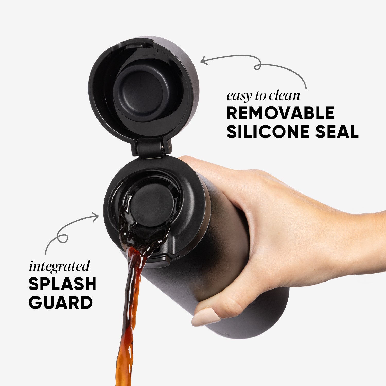 Woman pouring coffee out of a Sidekick coffee tumbler with text that says 