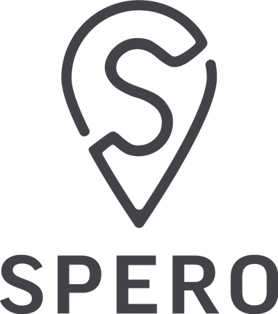 Spero black stacked logo, dark gray geometric mark on white background
