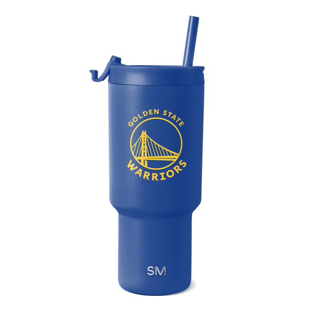 Royal blue tumbler with golden yellow logo and accents on white background