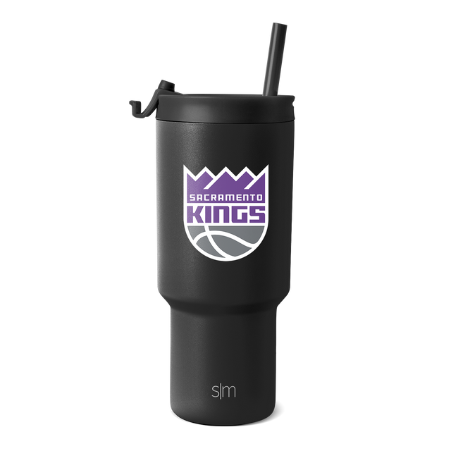 Matte black Sacramento Kings tumbler with charcoal gray metallic finish and purple logo with white accents.