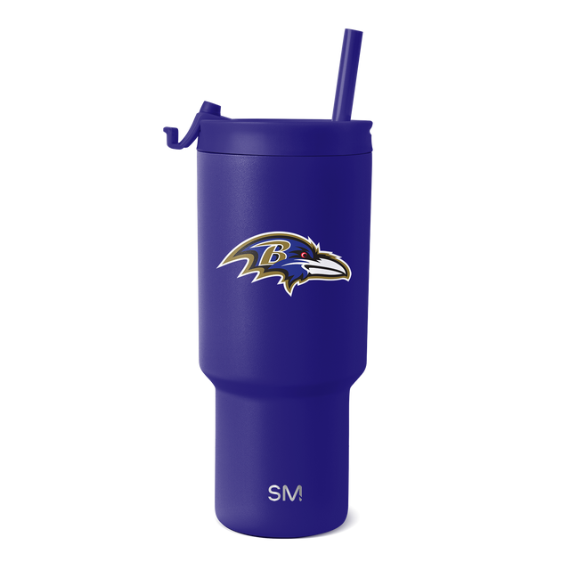 Purple insulated tumbler with large team logo featuring stylized raven head in purple, gold, and white