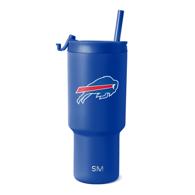 Royal blue insulated water bottle with cylindrical tumbler design, tapered base, and narrower mid-section. Modern drinkware for hot and cold beverages.