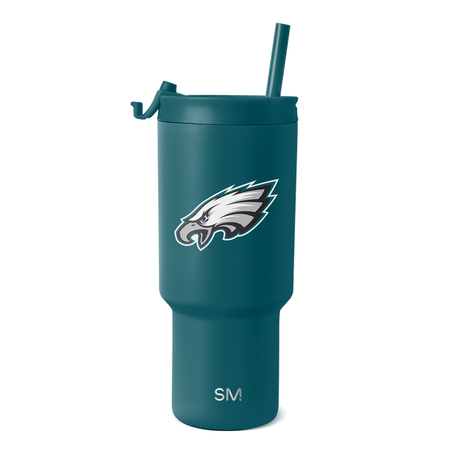 Teal blue-green insulated tumbler with white and gray team logo and branding accents, modern cylindrical design with handle