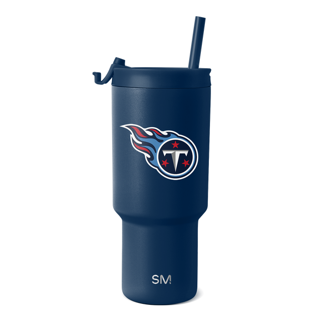 Navy blue matte textured Tennessee Titans NFL drinkware with white outlined team logo and navy blue accents