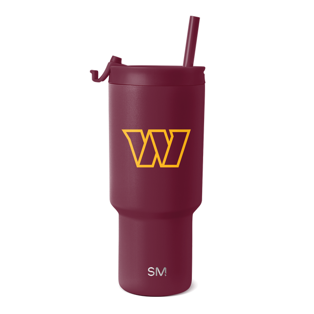 Deep burgundy insulated tumbler with golden yellow accents and white SM logo