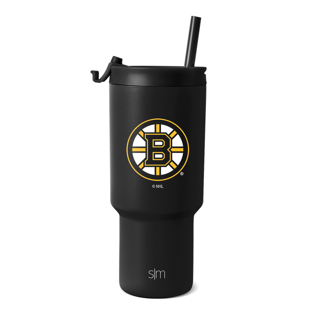Matte black tumbler with gold and white team logo on white background