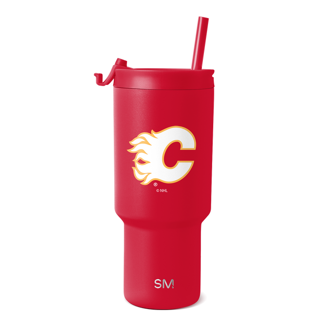 Red tumbler with white and golden-yellow logo accents on the front