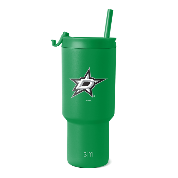 Green Dallas Stars Trek tumbler with a straw lid