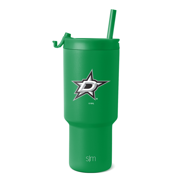 Kelly green tumbler with white logo and gray accents on white background