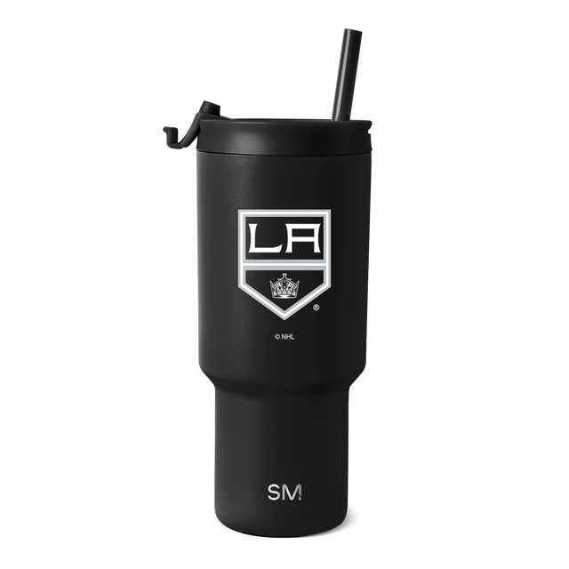 Black matte tumbler with white logo and text branding on white background