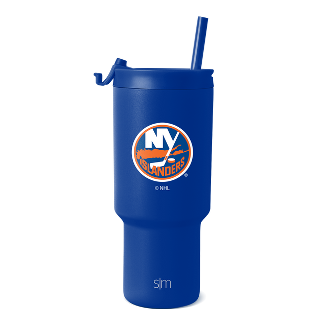 Royal blue tumbler with bright orange and white team logo and silver accents